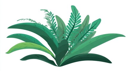 Fototapeta premium A vibrant illustration of various green leaves forming a lush plant cluster, depicting tropical foliage or a dense bush with different shades.