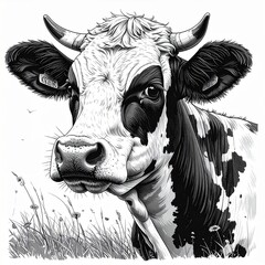 Detailed black and white illustration of a Holstein cow's head with horns and ear tags, looking forward in a grassy field.