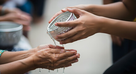 Traditional Thai Songkran festival ceremony with water being poured onto the hands of elders to show deep respect and ask for blessings