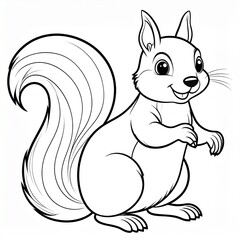 A detailed black and white illustration of a cute squirrel with a fluffy tail.