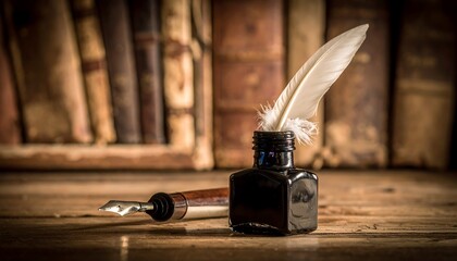 Antique quill and ink bottle on wooden table amidst old books