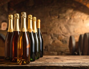 Several champagne bottles on a rustic wooden table in a wine cellar