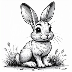 A charming black and white sketch of a fluffy bunny rabbit sitting in a field of grass with its ears perked up.