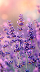 Naklejka premium Panoramic view of blooming purple lavender fields. Symbol of beauty, calmness, and natural aromatherapy. Serene floral landscape radiating fragrance, freshness, and seasonal elegance.