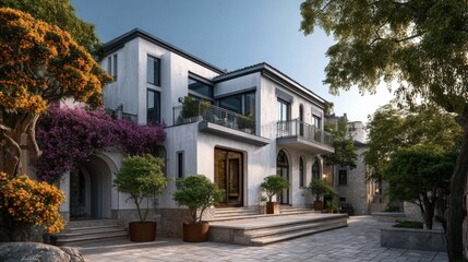 Fototapeta premium Modern two-story residential building with clean lines, large windows, balconies, and arched doorways.