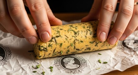Hands rolling a log of herb butter on parchment paper, showcasing fresh green herbs mixed into the butter.