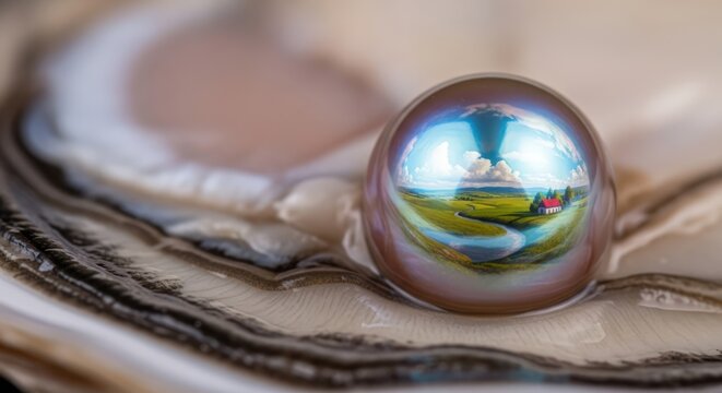 A lustrous pearl with a reflection of a scenic landscape, including a red-roofed building and green fields, resting on the iridescent layers of an oyster shell. - Powered by Adobe