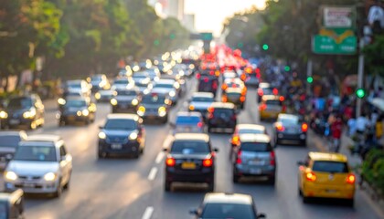 Blurred daytime shot captures a busy city road with various vehicles. Trees line the edges as cars travel in multiple lanes