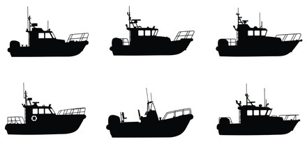 Obraz premium Silhouettes of fishing boats arranged in a grid pattern on white background