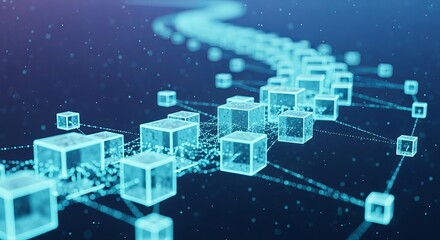 Abstract network of connected translucent cubes with a blue gradient background and dotted lines