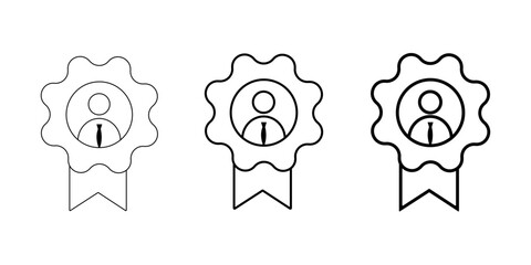 Outline vector icons of user profile in certification badge with ribbon, symbol of business recognition, achievement, and professional success, transparent background illustration