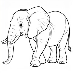 Fototapeta premium Detailed black and white line drawing of an African elephant, featuring its large ears, long trunk, and prominent tusks, suitable for coloring.