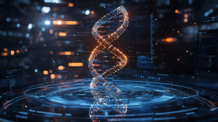 Photorealistic glowing DNA double helix in a futuristic medical lab with holographic interface symbolizing genetics biotechnology genomics research and scientific innovation.