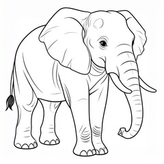 A black and white line art illustration of a full-bodied elephant standing, designed as a coloring page for children and adults.
