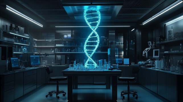 Photorealistic glowing DNA double helix in a futuristic medical lab with holographic interface symbolizing genetics biotechnology genomics research and scientific innovation.