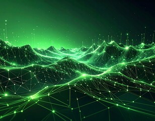 Abstract landscape of glowing green triangles and lines