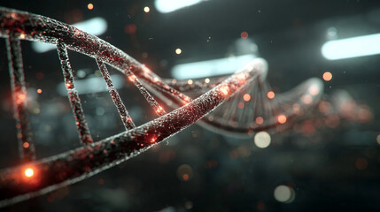 Photorealistic glowing DNA double helix in a futuristic medical lab with holographic interface symbolizing genetics biotechnology genomics research and scientific innovation.