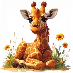 A cute baby giraffe with big eyes sitting peacefully in a field of grass and yellow flowers, rendered in a charming watercolor illustration style.