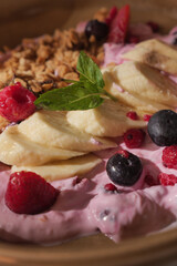 Delicious yogurt bowl topped with fruits and granola