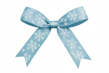 Blue ribbon bow with white snowflakes pattern symbolizing winter holidays, christmas, and gift wrapping, transparent background