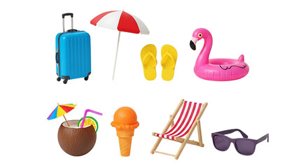 Collection of colorful beach and vacation accessories arranged neatly isolated on white background