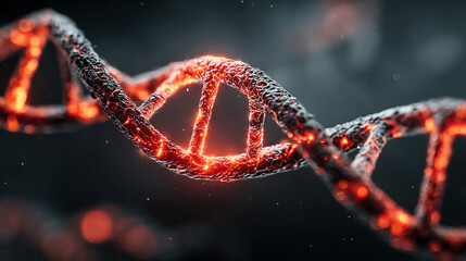 Photorealistic glowing DNA double helix in a futuristic medical lab with holographic interface symbolizing genetics biotechnology genomics research and scientific innovation.