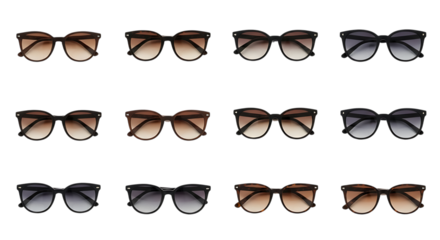 Collection of diverse fashionable sunglasses with various frame styles and lens tints isolated on white background