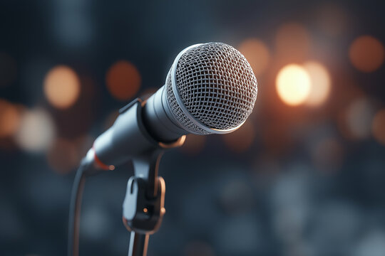A close-up of a dynamic microphone on a stand, sharply focused against a blurred background of warm, orange bokeh lights. It symbolizes performance and amplification.