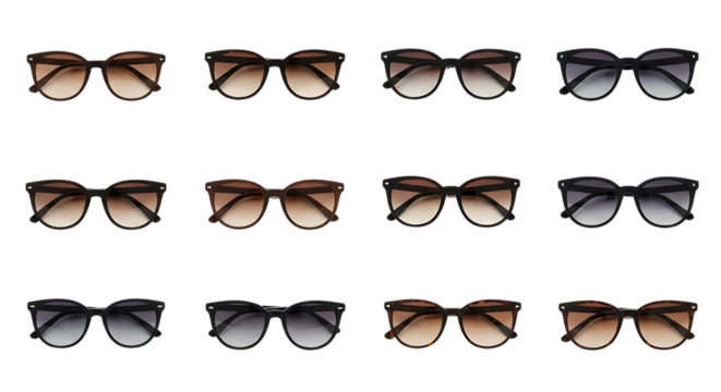 Collection of diverse fashionable sunglasses with various frame styles and lens tints isolated on white background