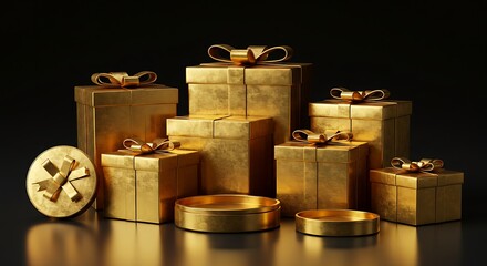Luxurious golden gift boxes of various shapes and sizes with elegant bows, isolated on a dark, reflective surface.