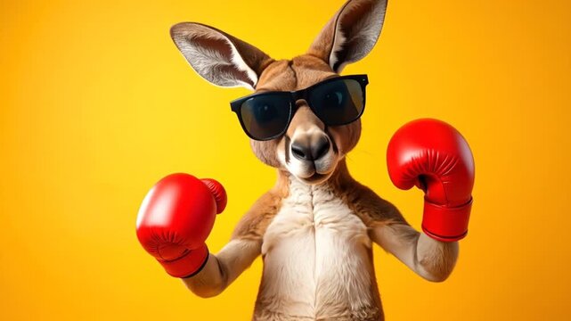 A kangaroo wearing sunglasses and red boxing gloves, set against a bright yellow background