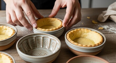 Hands carefully placing a raw tart shell into a ceramic baking dish, preparing for a dessert.