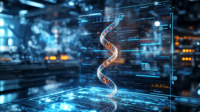 Photorealistic glowing DNA double helix in a futuristic medical lab with holographic interface symbolizing genetics biotechnology genomics research and scientific innovation. - Powered by Adobe