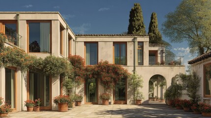 Obraz premium A modern house with large glass doors stands before an arched wooden structure,