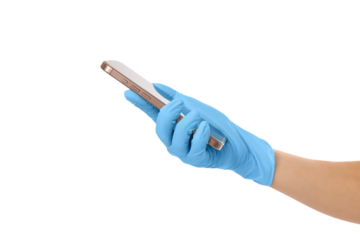 Hand in blue glove with smartphone, isolated on white, PNG