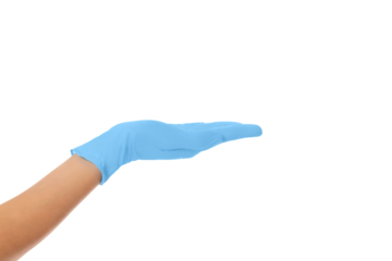 Blue-gloved hand ready for demo, isolated on white, PNG
