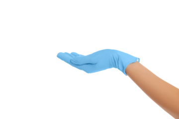 Blue-gloved hand ready for exam, isolated on white, PNG