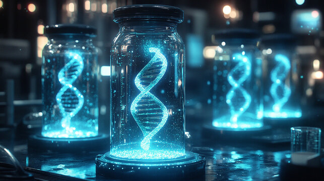Photorealistic glowing DNA double helix in a futuristic medical lab with holographic interface symbolizing genetics biotechnology genomics research and scientific innovation. - Powered by Adobe
