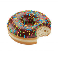 Chocolate iced donut with colorful sprinkles and a bite taken out isolated on a transparent background