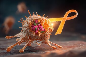 Realistic microscopic view of a human macrophage engulfing bacteria with sharp textures and detailed laboratory photo style.