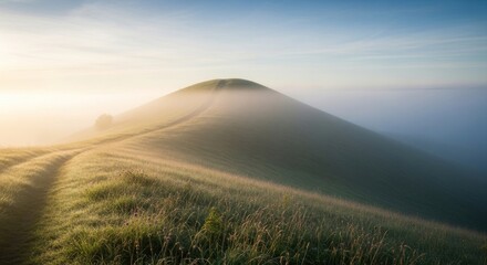 A misty hillside at sunrise with a path leading up to it.