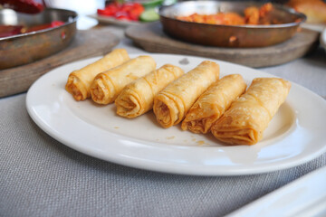 Crispy spring rolls served on a white plate