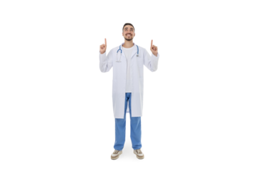 Joyful doctor in white coat and blue scrubs, isolated, PNG
