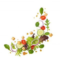 Fresh salad ingredients flying against black background isolated on a transparent background lettuce