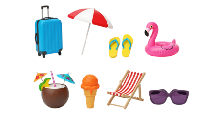 Collection of summer vacation objects including suitcase umbrella flamingo ice cream and beach chair isolated on white background