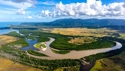 An aerial view of a winding river flowing through lush green vegetation towards a distant coastline under a cloudy sky