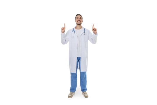 Joyful doctor in white coat and blue scrubs, isolated, PNG