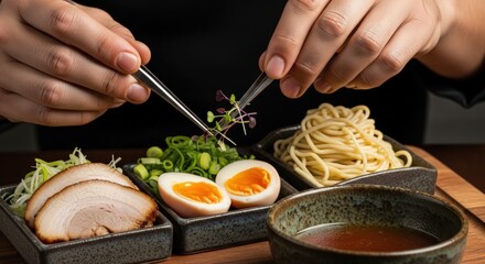 A chef meticulously garnishes a bowl of ramen with fresh microgreens using tweezers, showcasing the art of Japanese cuisine preparation.