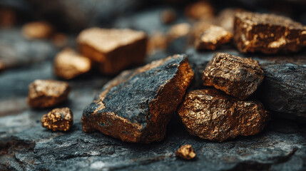 Pile of shiny gold nuggets resting on a stone surface symbolizing wealth value rarity natural beauty and the raw brilliance of precious minerals.