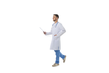 Doctor using a pointer while walking in clinical attire, isolated, PNG